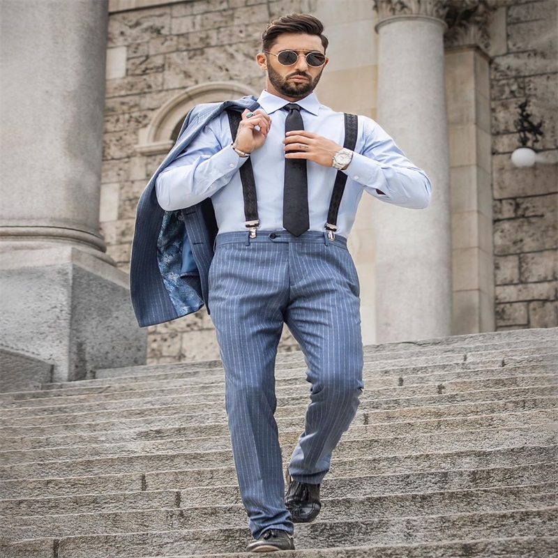 twopiece blue handsome bridegroom blazer notched lapel double breasted gentlemen formal men suits stripe custom made wedding tuxedo