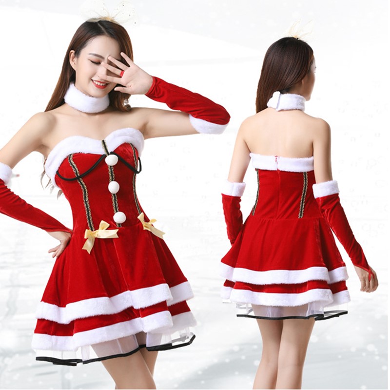 Ms. Santa Adult Women Christmas Costume Bandeau Layered A-line Mini Dress with White Fuzzy Trim Headband Neckband Gloves Set Fashion Cosplay