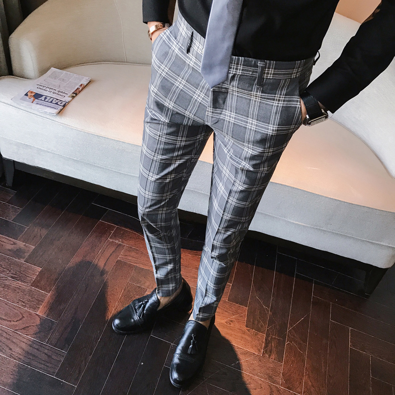 Mens fashion Men Dress Pant Plaid Business Casual Slim Fit Homme Classic Vintage Check Suit Trousers Wedding Pants