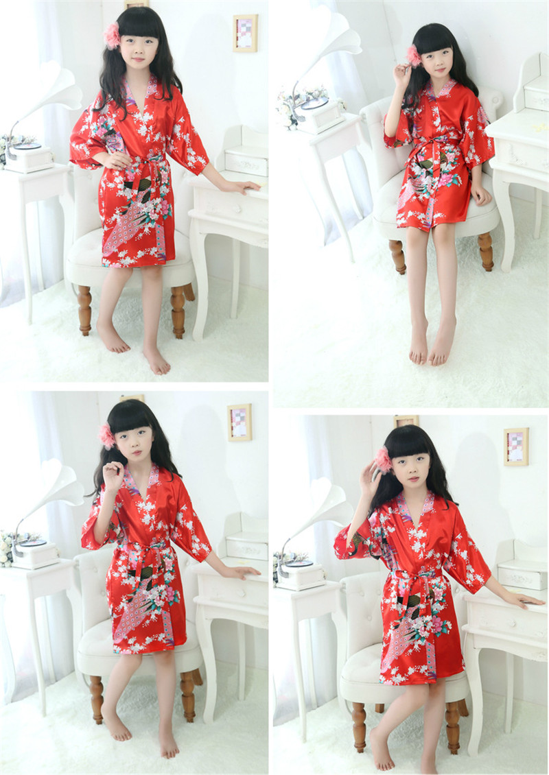 9 style Children bathrobe peacock wedding flower girl robe kimono stain silk night dresses for children summer sleepwear pajamas kid clothes