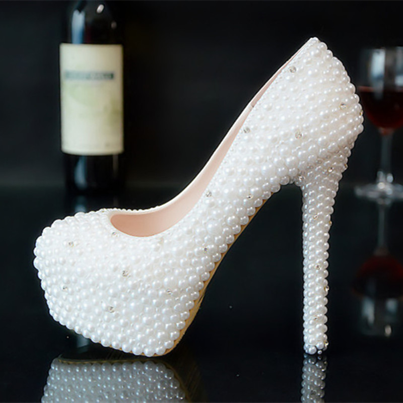 Glitter Wedding Shoes Pearls Beads Pumps High Heels Bridal Shoes Small Diamond 5cm 8cm 11cm 14cm Bling Bling Prom Shoes for Lady