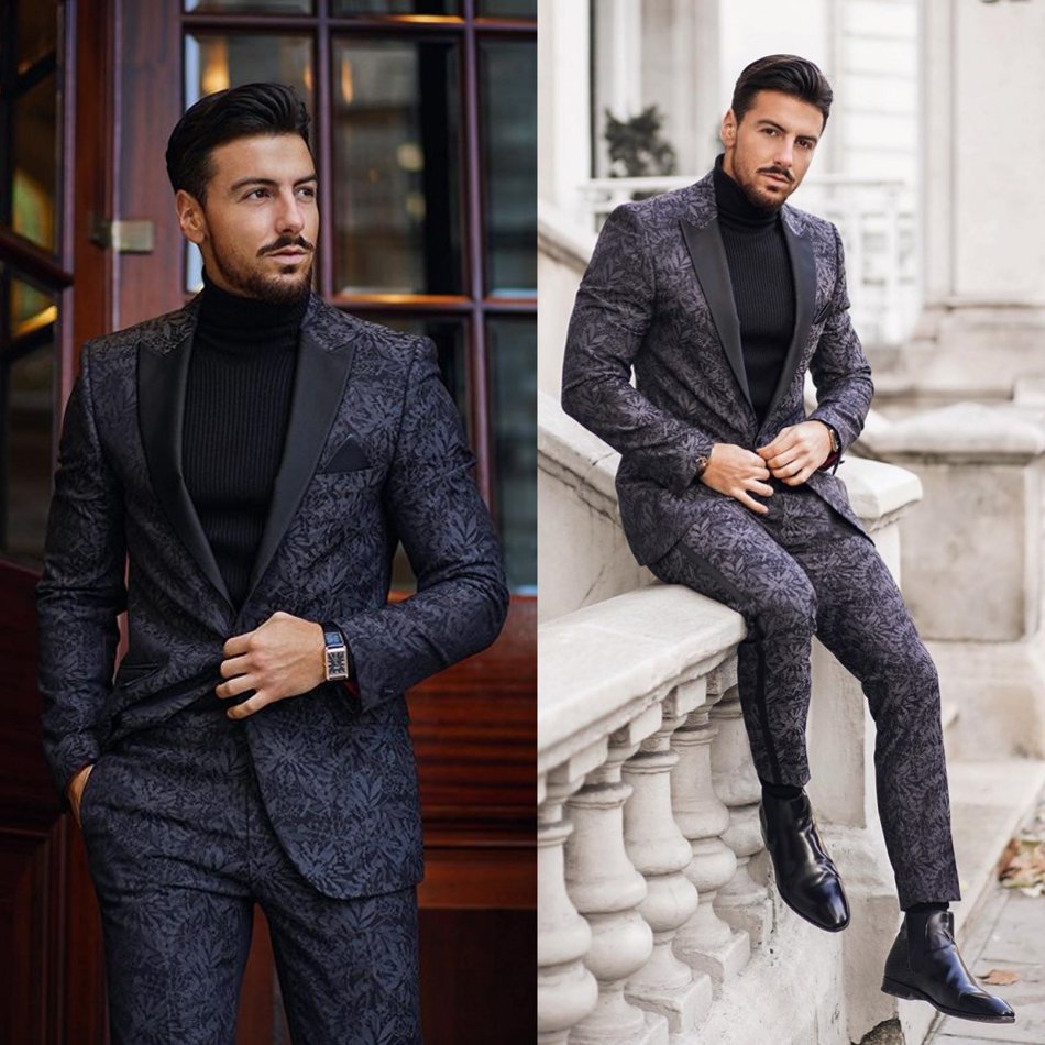 2 Pieces Floral Pattern Mens Wedding Suits Peaked Lapel Groom Formal Wear Prom Tuxedos Best Man Blazer Suit (Jacket+Pants)