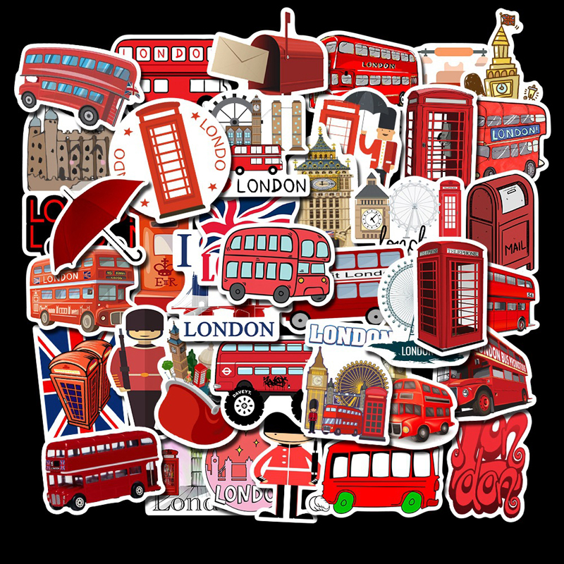 50pcs/Set Waterproof London Red Bus Telephone Booth PVC Stickers For Laptop Motorcycle Skateboard Luggage Decal Toy Sticker