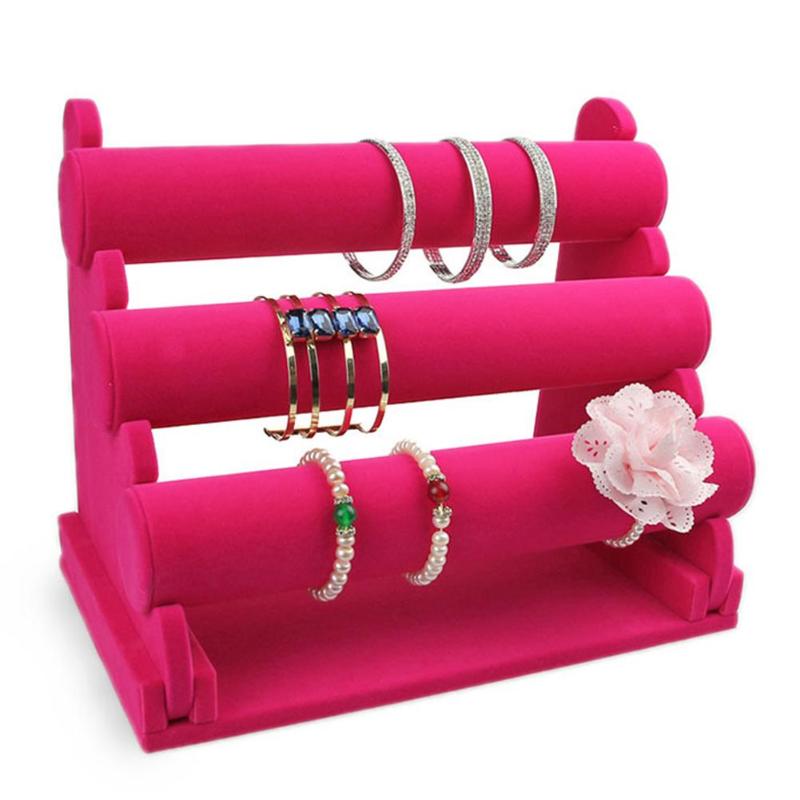Black Velvet 3-Tier Jewelry Bracelet Watch Bangle Display Holder Stand Showcase T-bar Storage Necklace Bangle Organizer