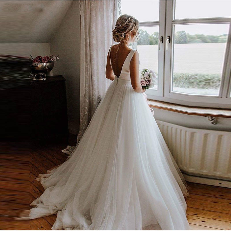 dress bateau 2019 Cheap Satin Elegant Tulle Skirt A e or Length Backless Bridal Gown Dresses plus size wedding dresses