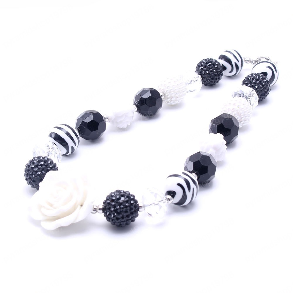 Kids Girls Chunky Beads Necklace Bracelets Cute White Rose Flower Child Baby Chunky Beads Jewelry Set For Party New