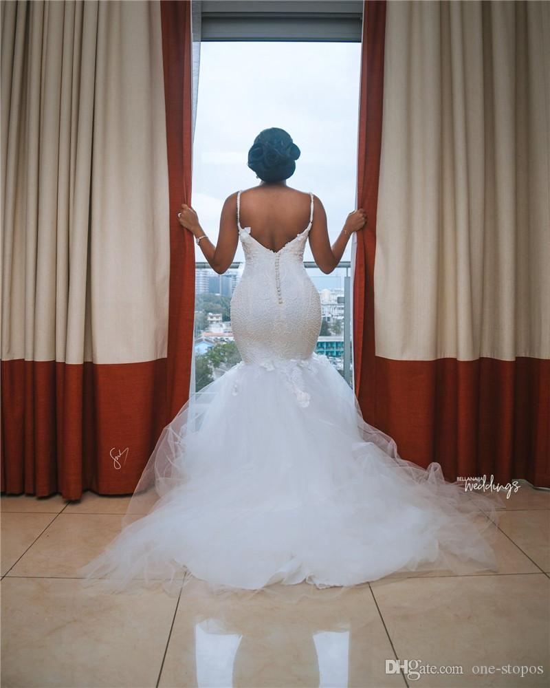 Plus African Size Lace Mermaid Dresses Spaghetti Straps Applique Open Back Sweep Train Wedding Dress Bridal Gowns Vestidos
