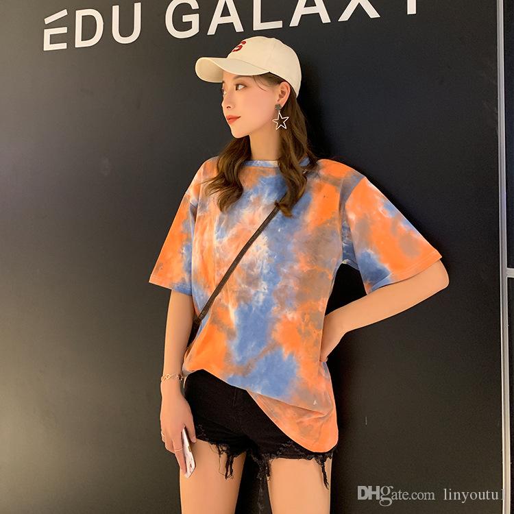 2020 Tie Dye Gradient Large Size Loose OVERSIZE Fashion Harajuku Female Tops Print Hip Hop Short Sleeve Casual Couple T-shirt