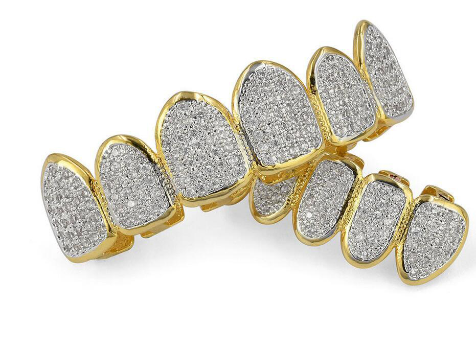 Ice Out Teeth Grillz For Men Bling Bling Cubic Zirconia Hiphop Jewelry 18K Gold Plated Halloween Vampire Grillz Free Ship
