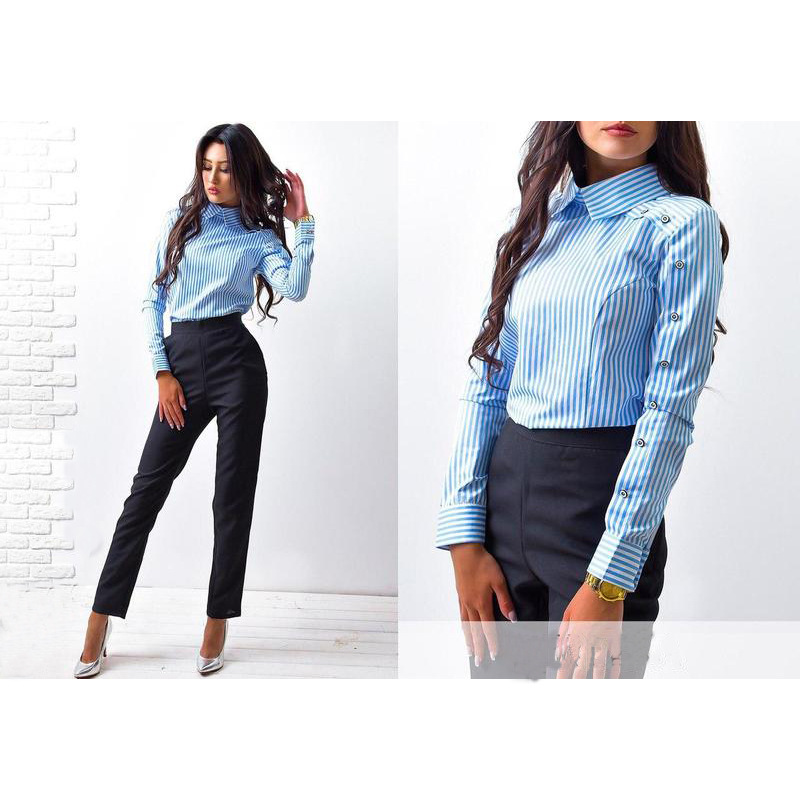women coat Fashion Striped Button Casual Women tops and Blouses Long Sleeve Turn Down Collar Shirt Vintage OL Tops Female