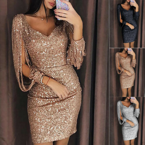 Fashion Sexy Women Sequin Tassels Bandage Bodycon Evening Party Club Sheath Mini Dress Sundress Black Sier Rose Red B3