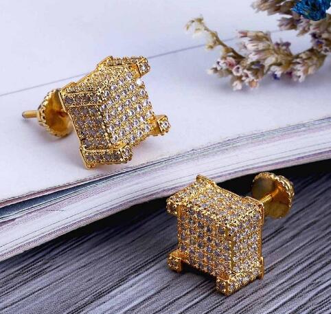 Mens Hip Hop Stud Earrings Jewelry New Fashion Gold Silver Zircon Diamond Square Earrings For Men GB1296