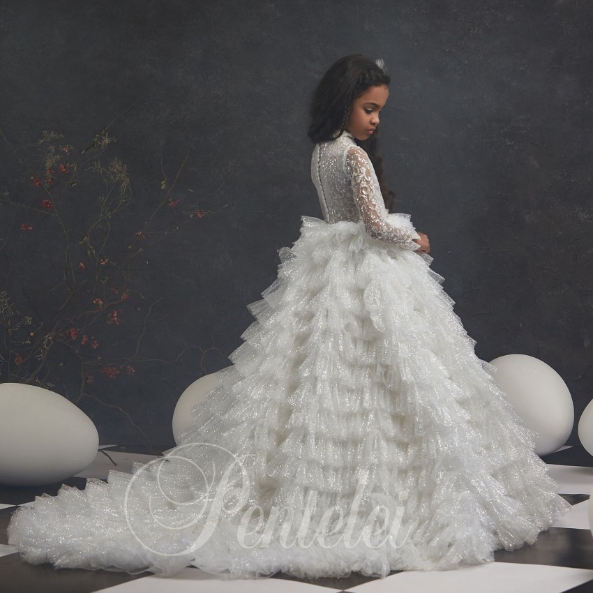 Sparkg Long Sleeves Lace wer Girl Dresses For Wedding High Neck Sequined Toddler Pageant Gowns Tulle Tiered Kids Prom Dress