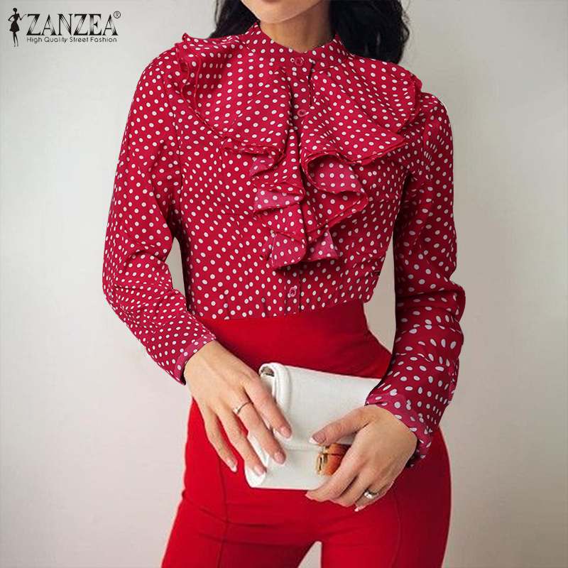 Women's Blouses & Shirts 2021 Spring Polka Dots Printed Blouse ZANZEA Elegant Bow Tie Women Casual Long Sleeve Blusas Female Tunic Tops Chem