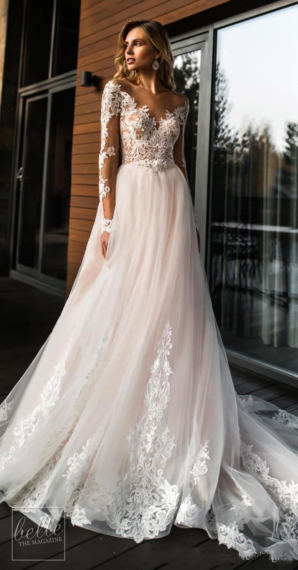 Gorgeous Sheer Long Sleeves Wedding Dresses 2019 A Line Tulle Lace Wedding Bridal Gowns Summer Beach Cheap Custom Made