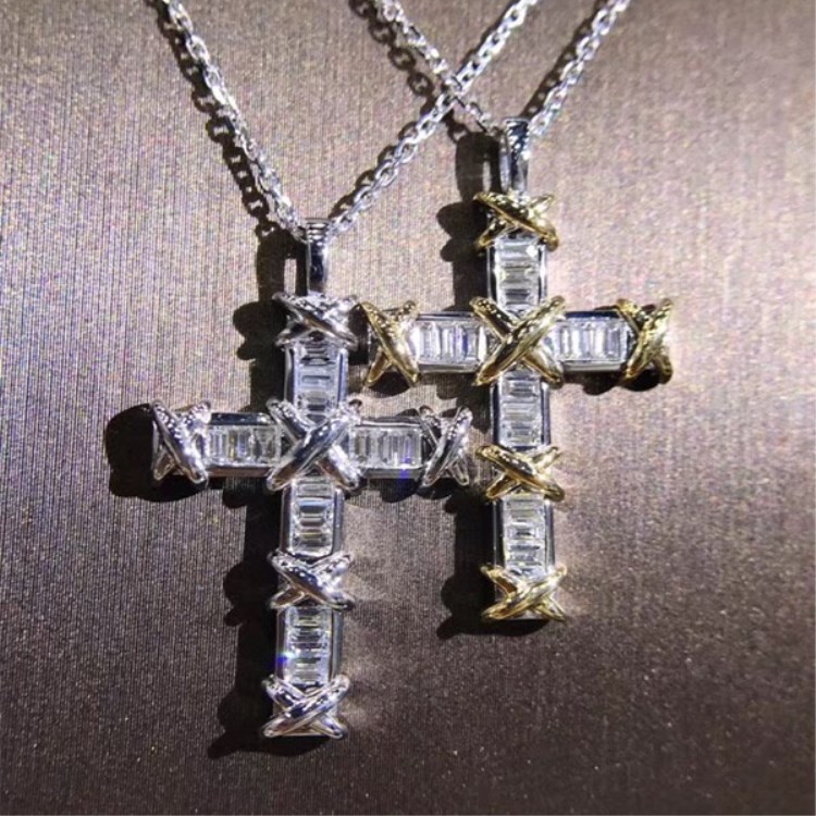 Unique Sterg Sier Princess Cut Topaz Cross Pendant Necklace for Women 536c