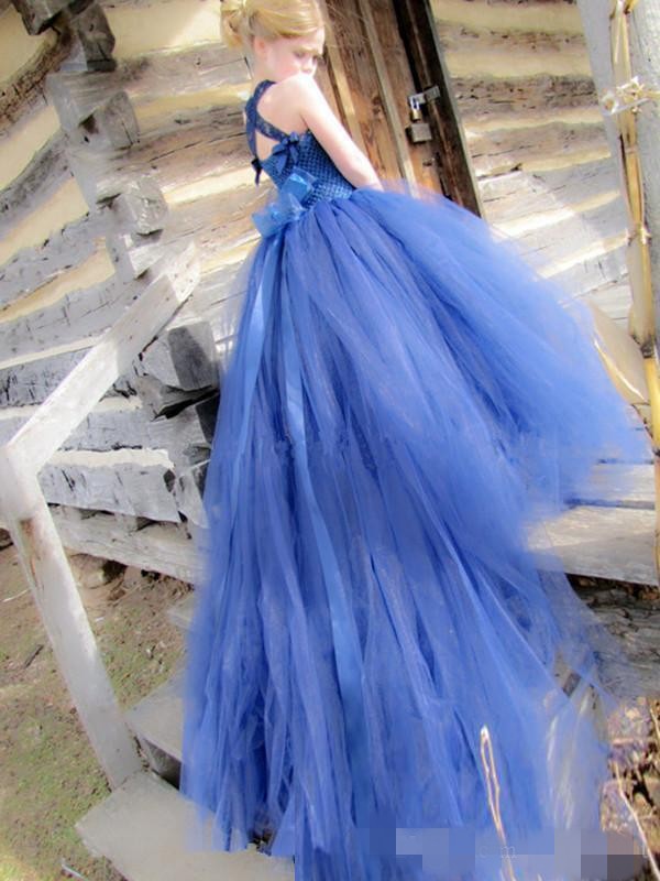 wer Blue Girls Dresses Straps Tulle Chapel Train Sash Bow Princess Formal Wedding Party Gown Ballgown Pageant Wear Custom Made