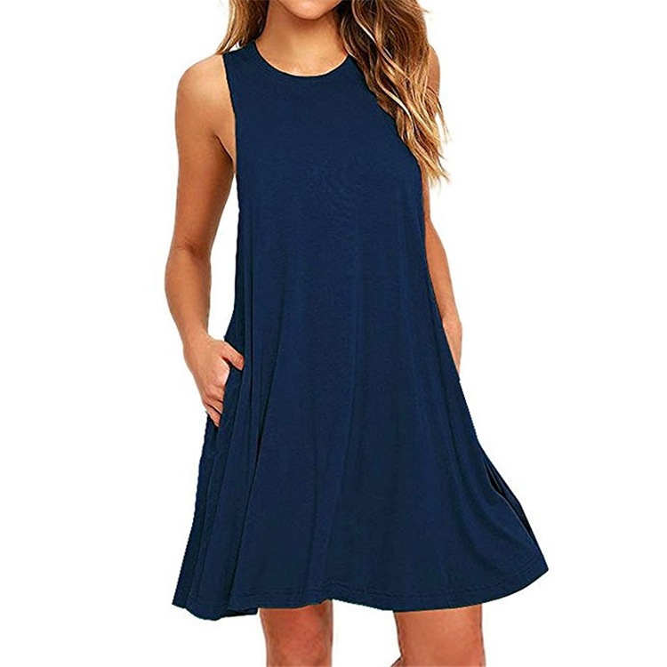 Summer Casual Women Pockets Cotton T-Shirt Sleeveless New Loose Solid Tank Dress O-Neck Plus Size Women Mini Dress Vestidos