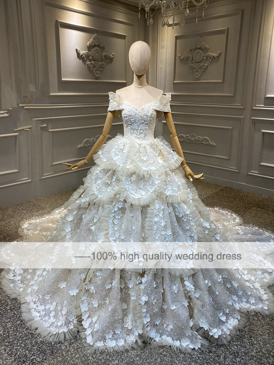 Luxury 3D Floral Lace Wedding Dress Off The Shoulder Vestido De Noiva Plus Size Beach Boho Beads Wedding Dresses Bridal Gowns