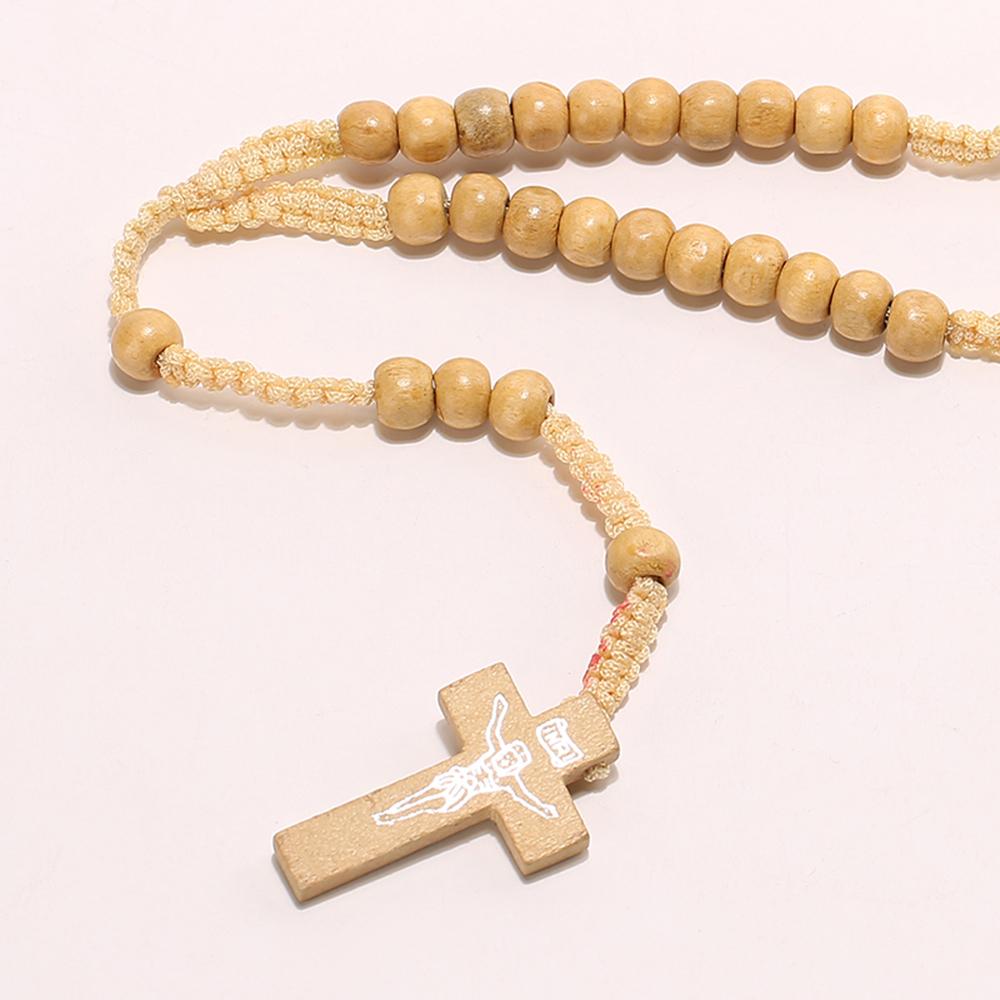 Wholesale- Men Women Catholic Christ Wooden 8mm Rosary Bead Cross Pendant Woven Rope Necklace Black/brown/Beige/ligt brown
