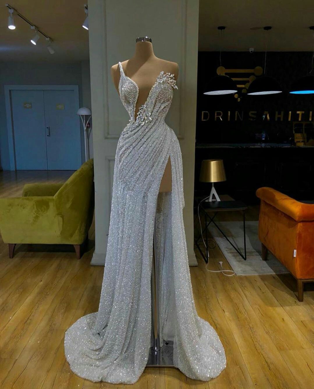 glitter sexy oneshoulder luxury evening dresses highslit ruched sequined beaded prom dress sweep train custom made party pageant gown