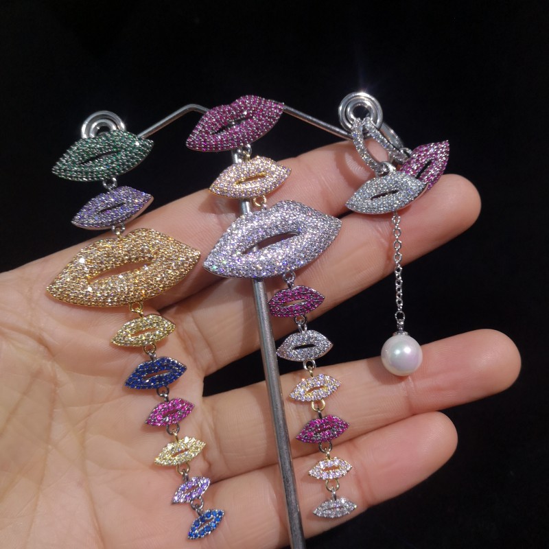 Asymmetry Lips Dangle Drop Earrings Bling Full Colorful Cubic Zirconia Jewelry Women Girl Gift