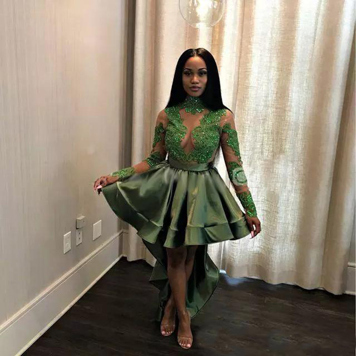 African Olive Green Black Girls High Low Homecoming Illusion Bodice Appliques Lace Long Sleeves Tail Gowns Party Dresses 0521