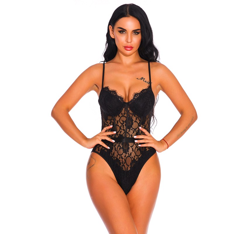 Women Lace Bodysuit Sexy Lingerie Pajamas Open Crotch Nightwear Teddy with Strappy Eyelashes Cups Ladies Sleepwear Babydoll Underwear S-XXL
