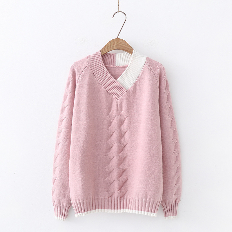 2020 Autumn Winter Knitted Pullover Sweater Women Long Sleeve Spliced V Neck Sweater Pink White Blue Red Jumpers
2020 Autumn Winter Knitted Pullover Sweater Women Long Sleeve Spliced V Neck Sweater Pink White Blue Red Jumpers