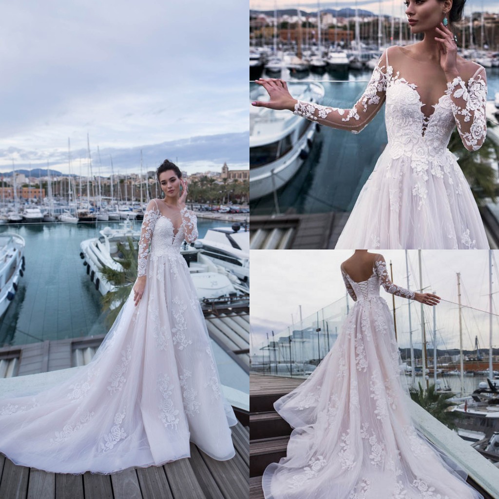 nora naviano beach wedding dresses long sleeve lace appliques sweep train boho bridal gowns plus size robe de marie