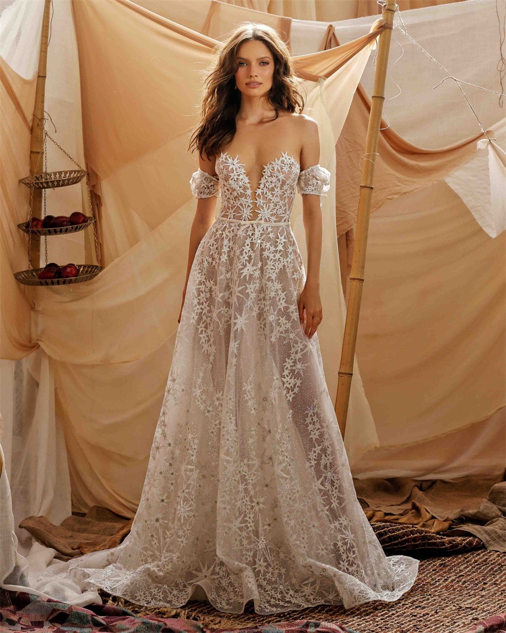 bohemian a line wedding dress tulle illusion neck lace appliqued country beach boho sweep train bridal gowns
