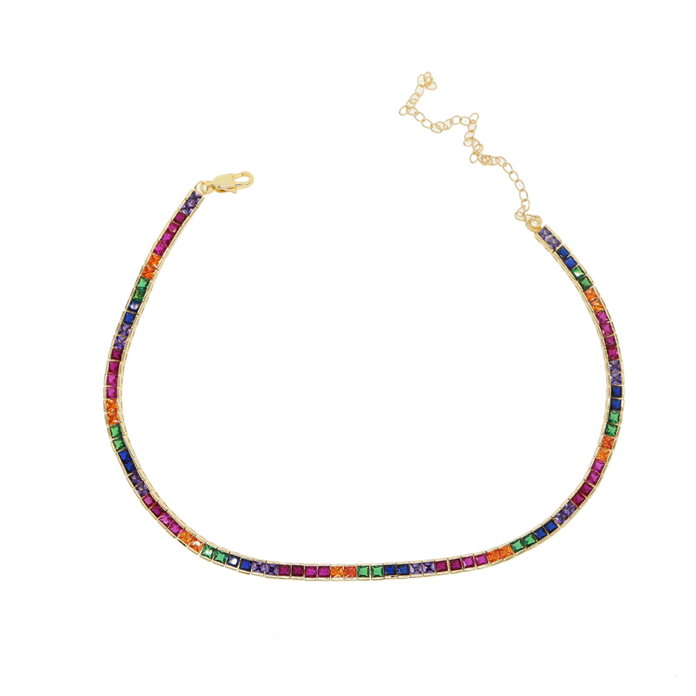 Gold plated green rainbow baguette cubic zirconia 30+10cm choker wedding gorgeous women necklace