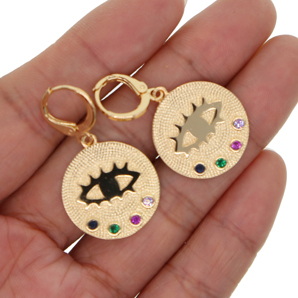 Gold plated round coin drop earring with rainbow cz evil eye engraved fashion women jewelry earrings
