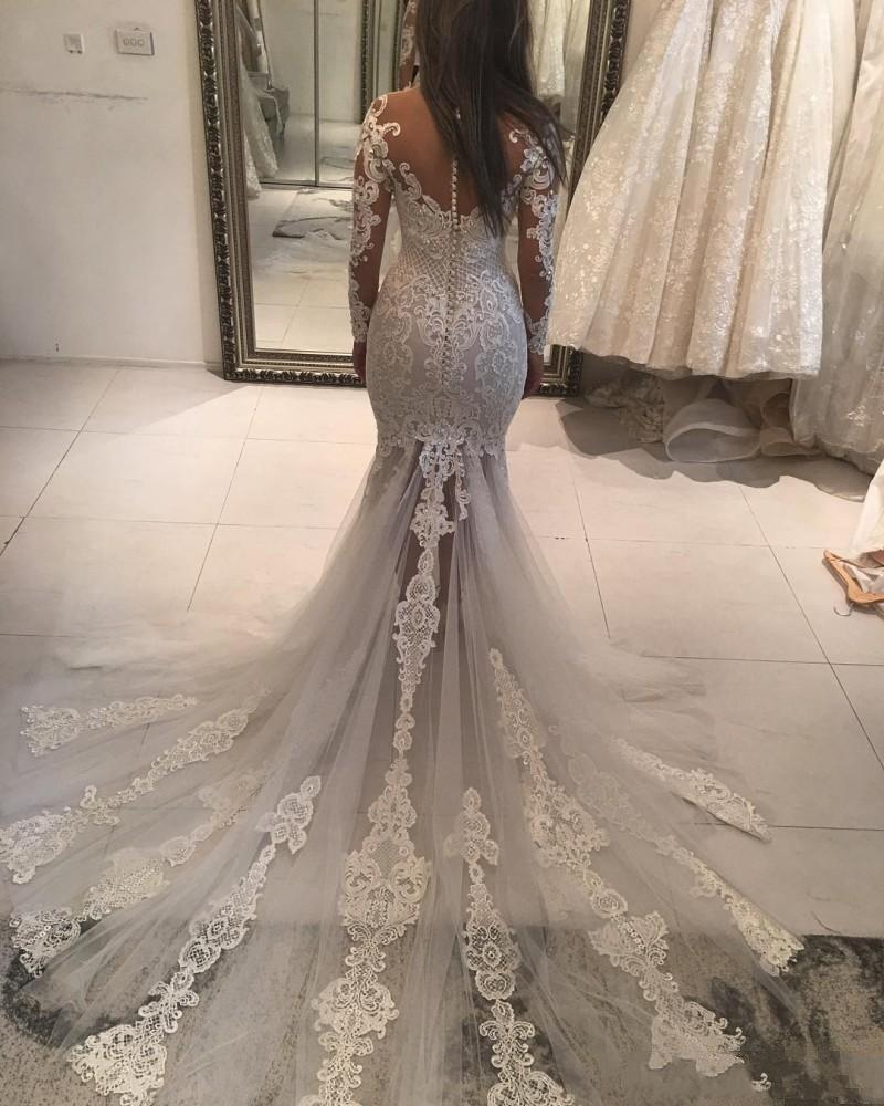 2020 Plus Size Mermaid Wedding Dresses Sheer Neckline Lace Appliques Beaded Illusion Long Sleeve See Through Tulle Long Train Bridal Gowns