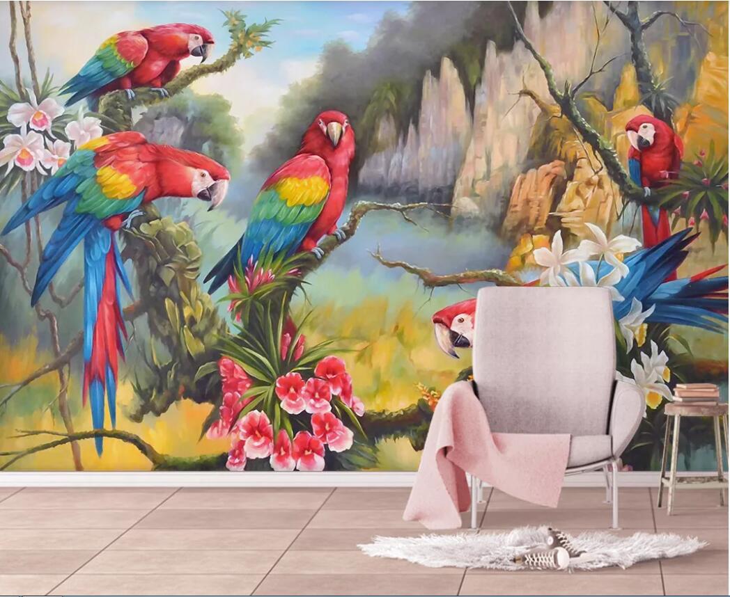

3d room wallpaper custom photo mural Medieval hand drawn tropical forest colorful parrot background wall painting wallpaper for walls 3 d, Non-woven fabric