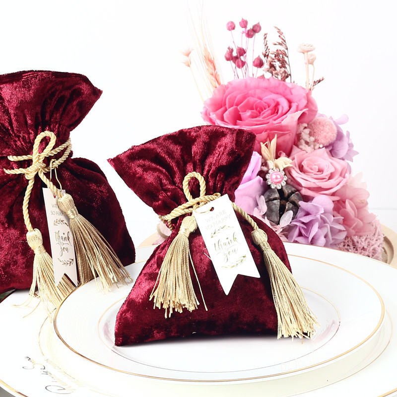New Velvet Gift Bag with THANKS Card & Fringed Wedding Favors and Gift Box Candy Boxes for Wedding Baby Shower Party Supplies
