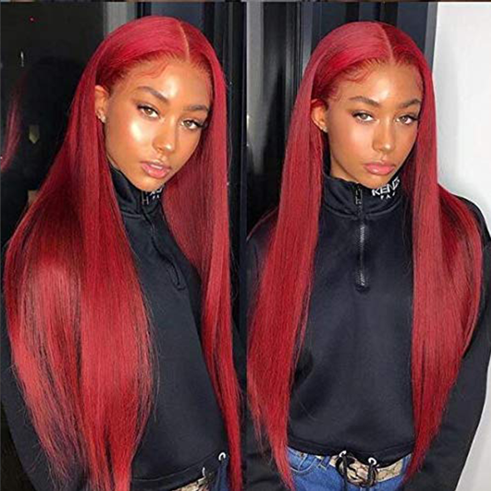 Red Color Silk Straight Glueless Full Lace Wigs With Baby Hair Pre Plucked Remy Burgundy Human Hair Wig For Women