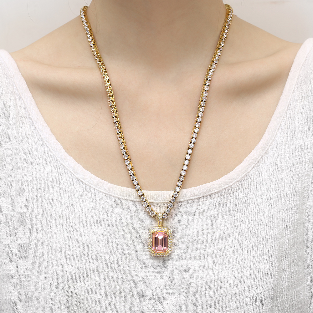 Colorful Square Gemstone Pendants TopBling Full Cubic Zirconia Choker Chain Necklaces for Women Men Hip Hop Jewelry