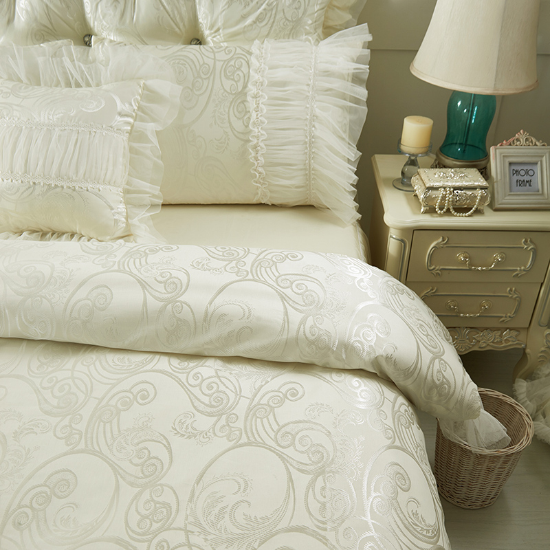 satin jacquard bedding sets cotton lace bedclothes queen king size 4/8 pcs decorative bedskirt+pillowcase+duvet cover set