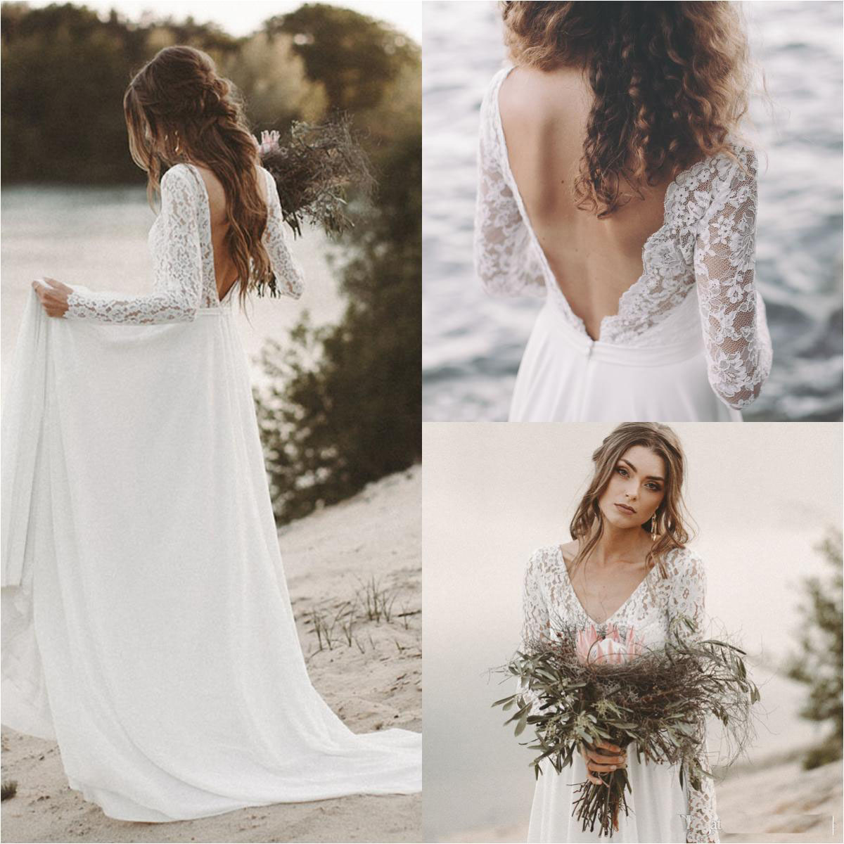Simple Fall White Top Lace Country Beach Wedding Dresses V Neck Full Sleeve Chiffon Low Back Bohemian Bridal Gowns Slim casual Bride Dresses