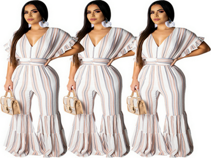 Jumpsuits European spring and summer temperament women's print large swing sleeve striped jumpsuit support mixed batch