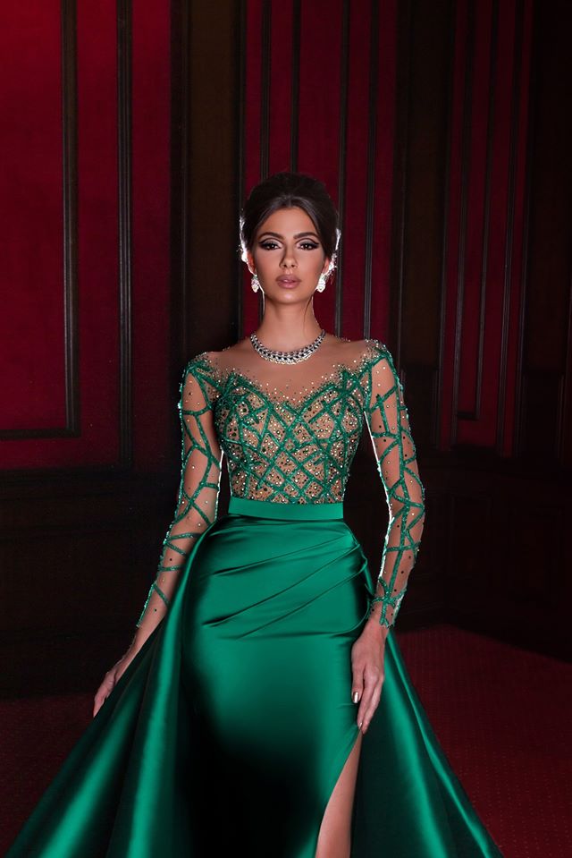 2020 Sexy High Side Split Evening Dresses Jewel Neck Lace Beads Long Sleeve Overskirt Prom Dress Party Wear Formal Women Gowns