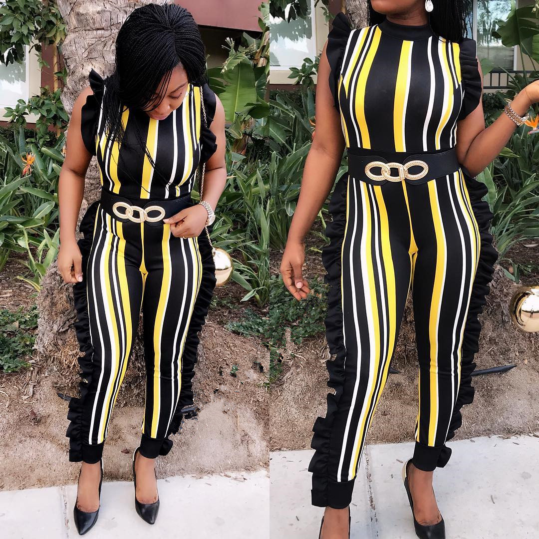 Jumpsuits fashion trend classic striped wooden ear trim Slim collar casual street jumpsuit support mixed batch