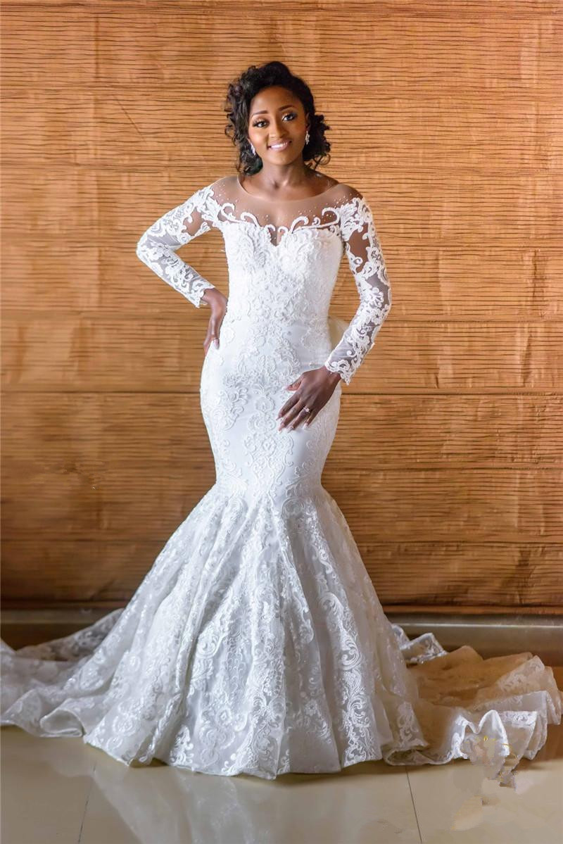 Vintage African Mermaid Wedding Dresses with Detachable Train Long Sleeves Buttons Back Beach Wedding Gowns Lace Sequined vestido de novia