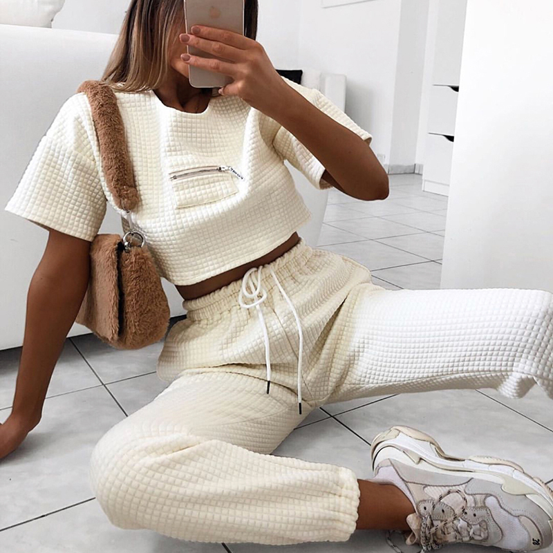 Bomblook summer autumn women 2 pieces set cotton shorts tshirt crop top and long pants solid color outfit