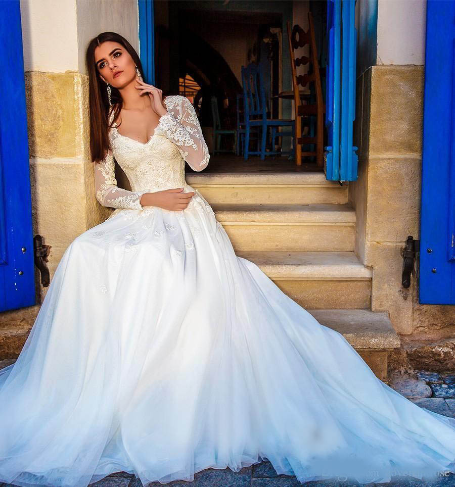 Vintage A line Wedding Dresses Long Sleeves Elegant V Neck Lace Tulle Appliques Plus Size Vestios De Novia Free Shipping Bridal Gowns