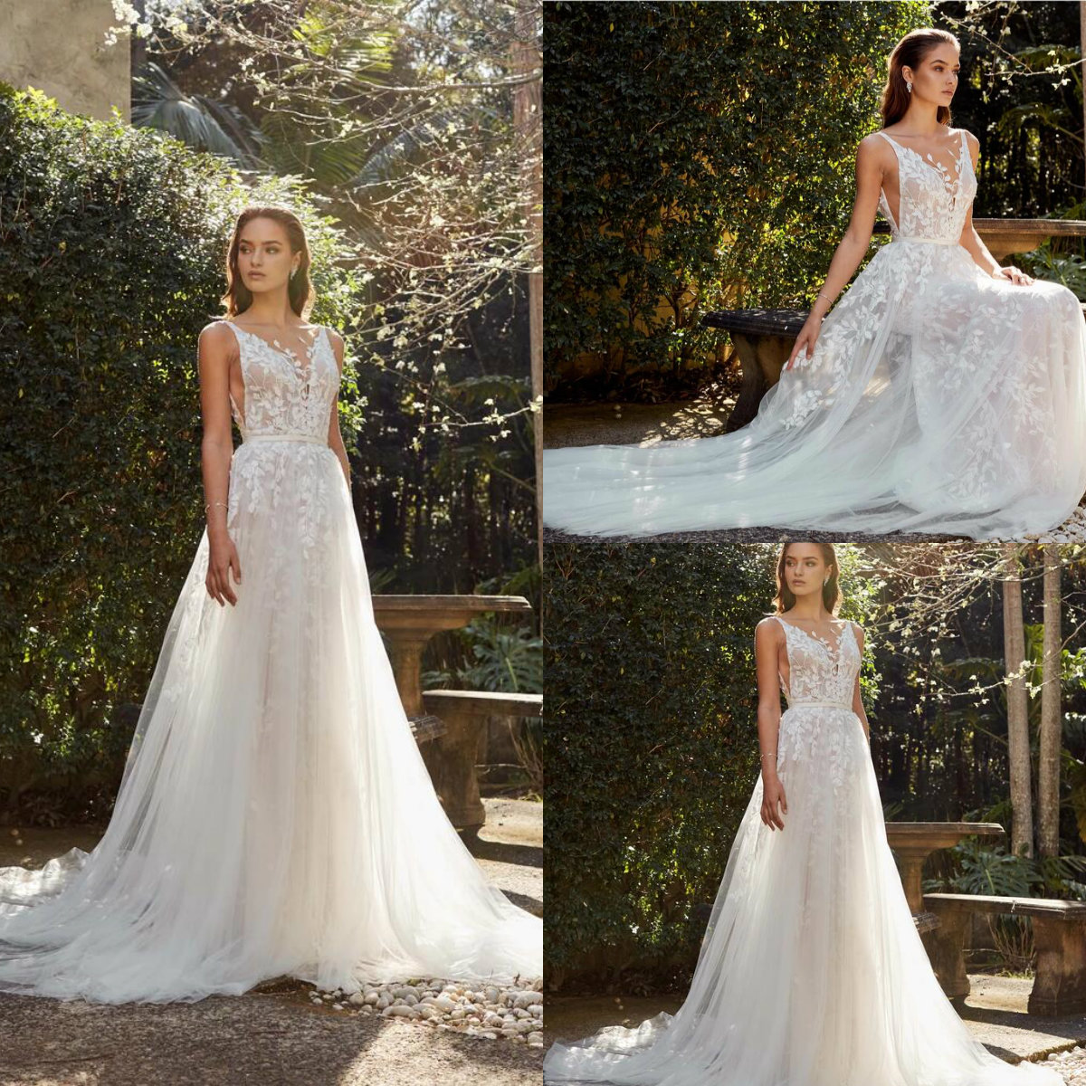 2019 Garden Country Wedding Dresses V Neck Lace Appliqued Sweep Train Belt Beach Wedding Dress Custom Made Plus Size Bridal Gowns