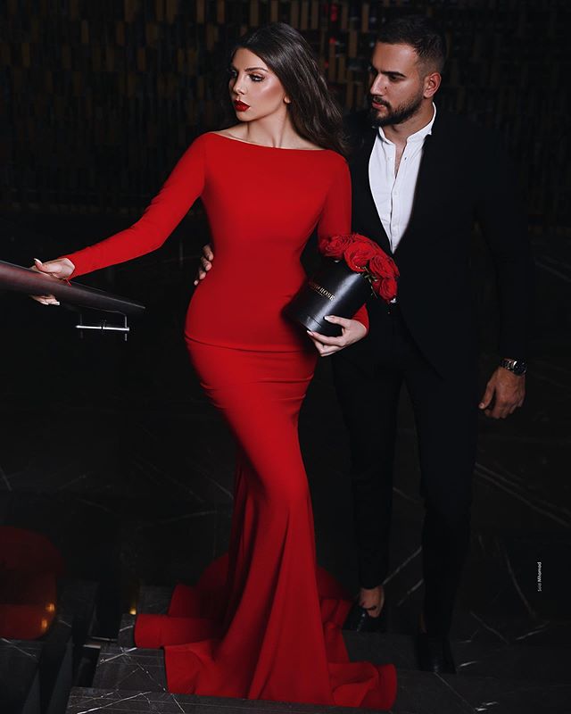 2020 Sexy Red Mermaid Prom Dresses Satin Backless Arabic Long Sleeve Evening Dress Custom Made Formal Cocktail Party Gowns