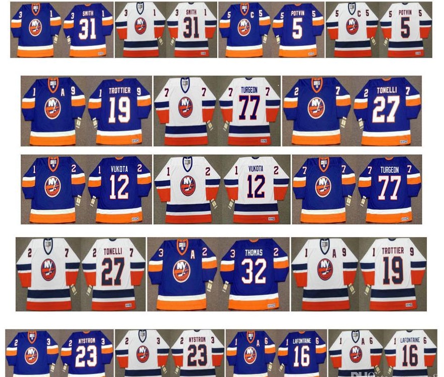 

Vintage New York Islanders Jerseys 12 CHRIS SIMON 77 PIERRE TURGEON 19 Bryan Trottier 27 JOHN TONELLI 32 STEVE THOMAS Smith CCM Retro Hockey, Colour 16
