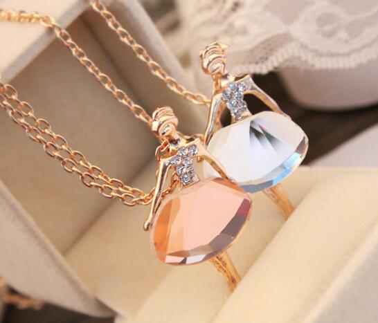 Fashion- Sweater Necklace Girls Boho Bijoux Gold Plated Crystal Ballet Girl Statement Necklaces Pendants For Women Wedding Christmas Gift
